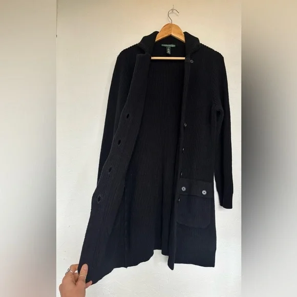 Ralph Lauren Black Knit Ribbed Button Down Shawl Collar Utility Cardigan Sweater - Picture 11 of 13